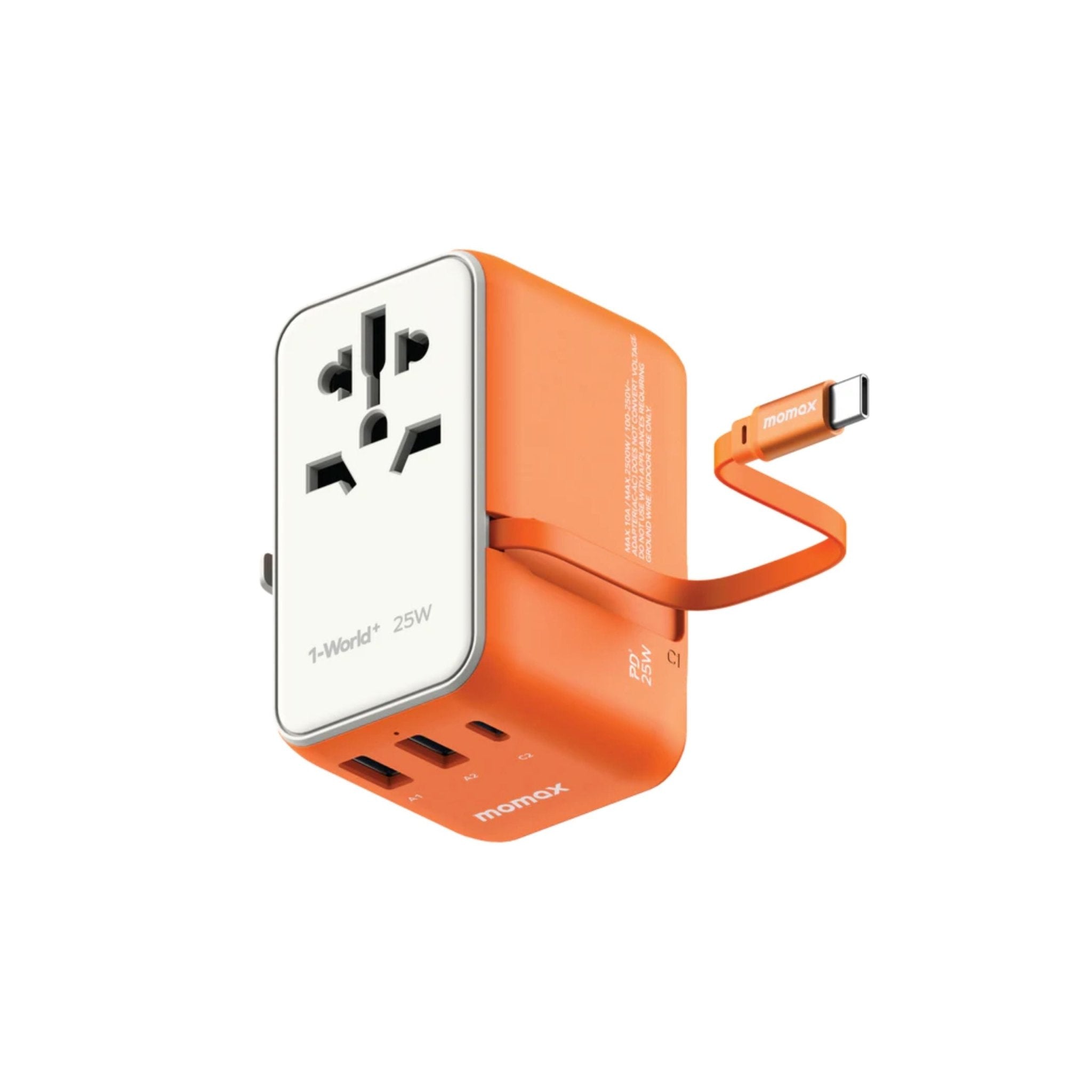 Momax 1-World PD Global Travel Fast Charging Adapter 25W 3 Port With Built-In USB-C Cable 70cm